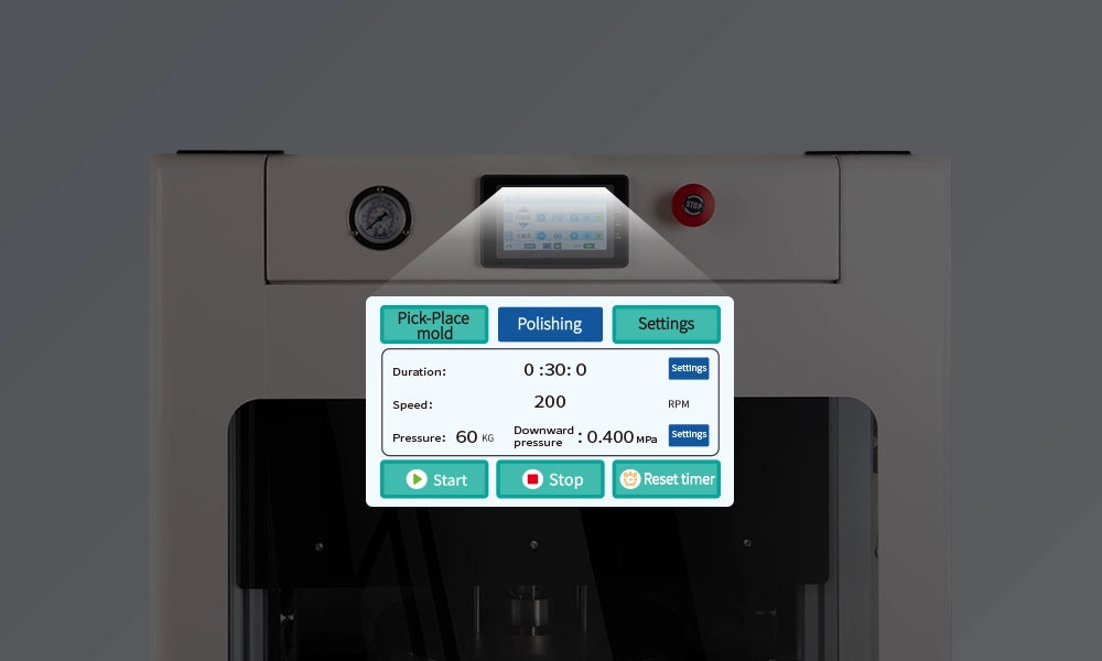 Control panel of a refox polishing machine with digital display and buttons on a dark background