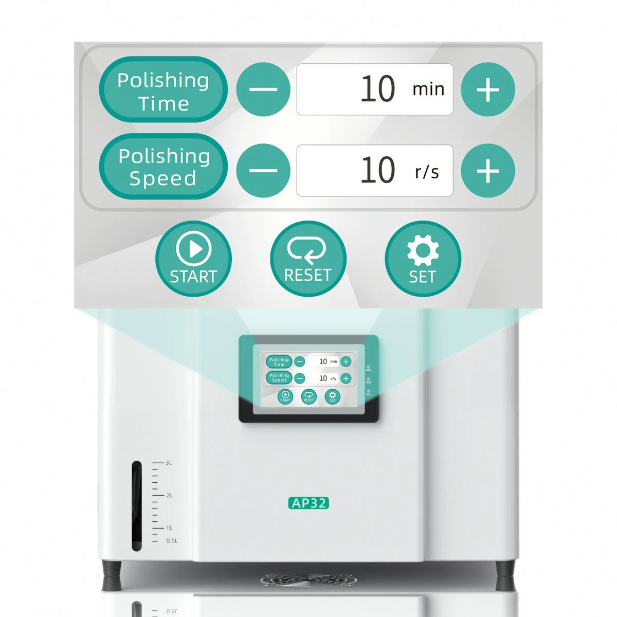 Control panel of a ap32 machine with various settings and buttons on a white background
