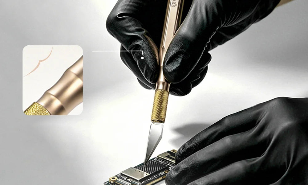 Person wearing black gloves using a rs75 blade on electronic components with a close-up inset of the tool.