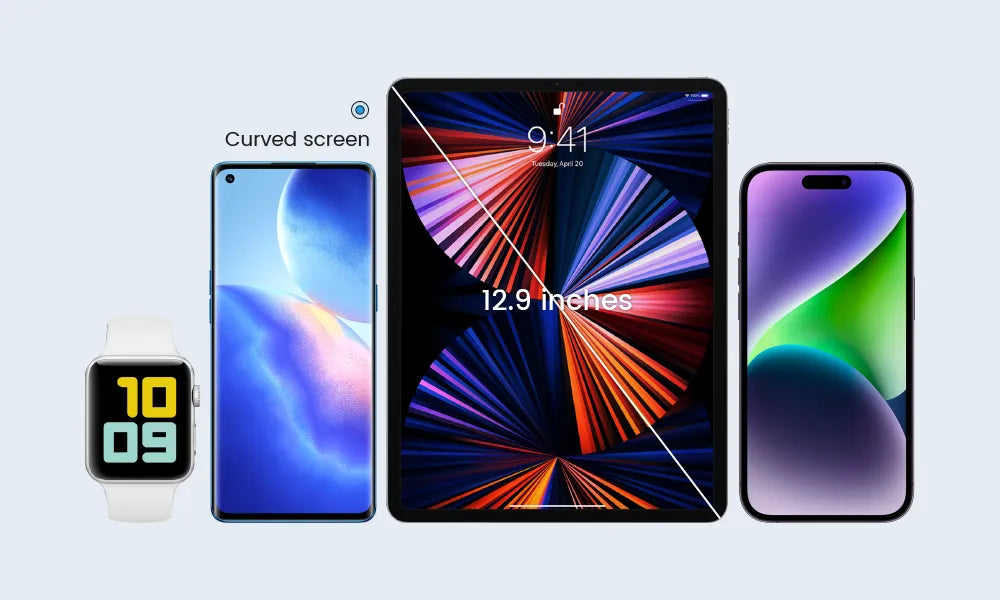 Tablet, smartphone, and smartwatch displayed on a light blue background