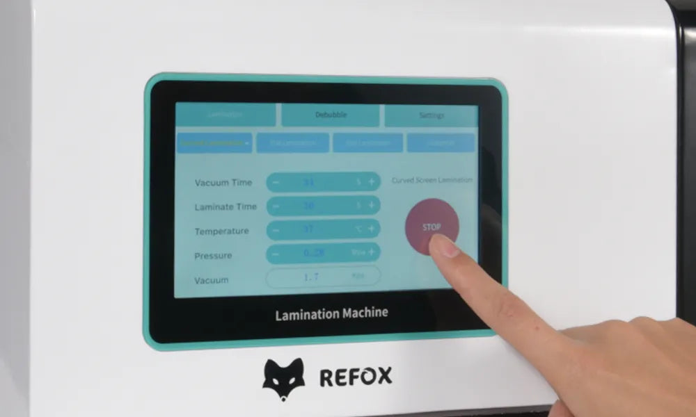 Touchscreen control panel of a lamination machine with REFOX branding