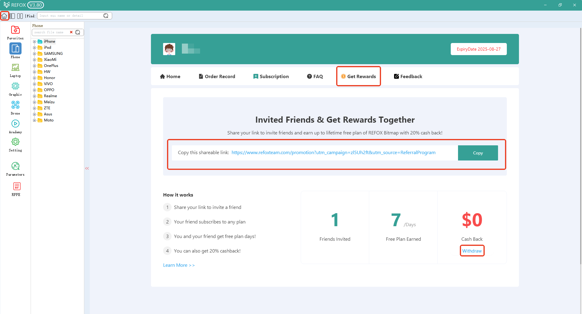 REFOX bitmap page with referral program details on a computer screen