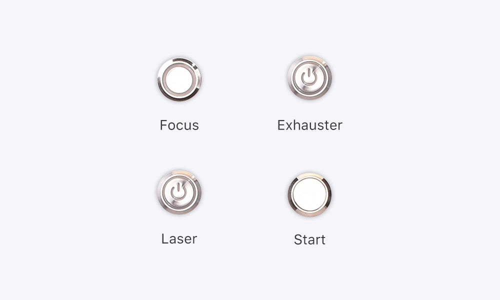 Control buttons labeled 'Focus', 'Exhaustor', 'Laser', and 'Start' on a white background.