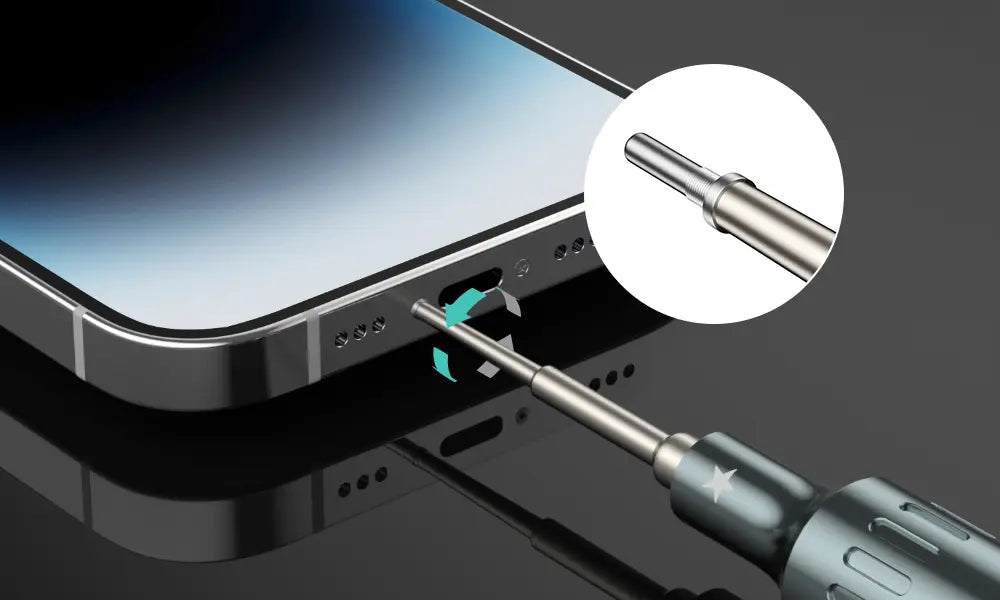 Phone screen with a screwdriver inserting into a port.