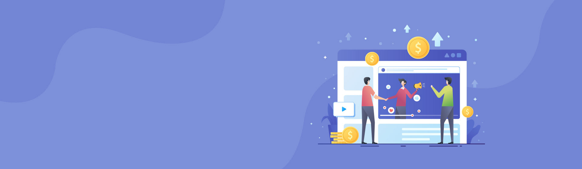 Illustration of people interacting with a computer screen on a blue background