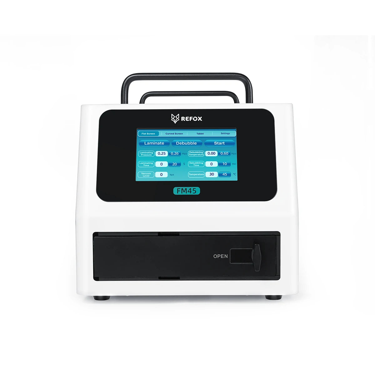 refox fm45 machine with a screen displaying user interface on a white background