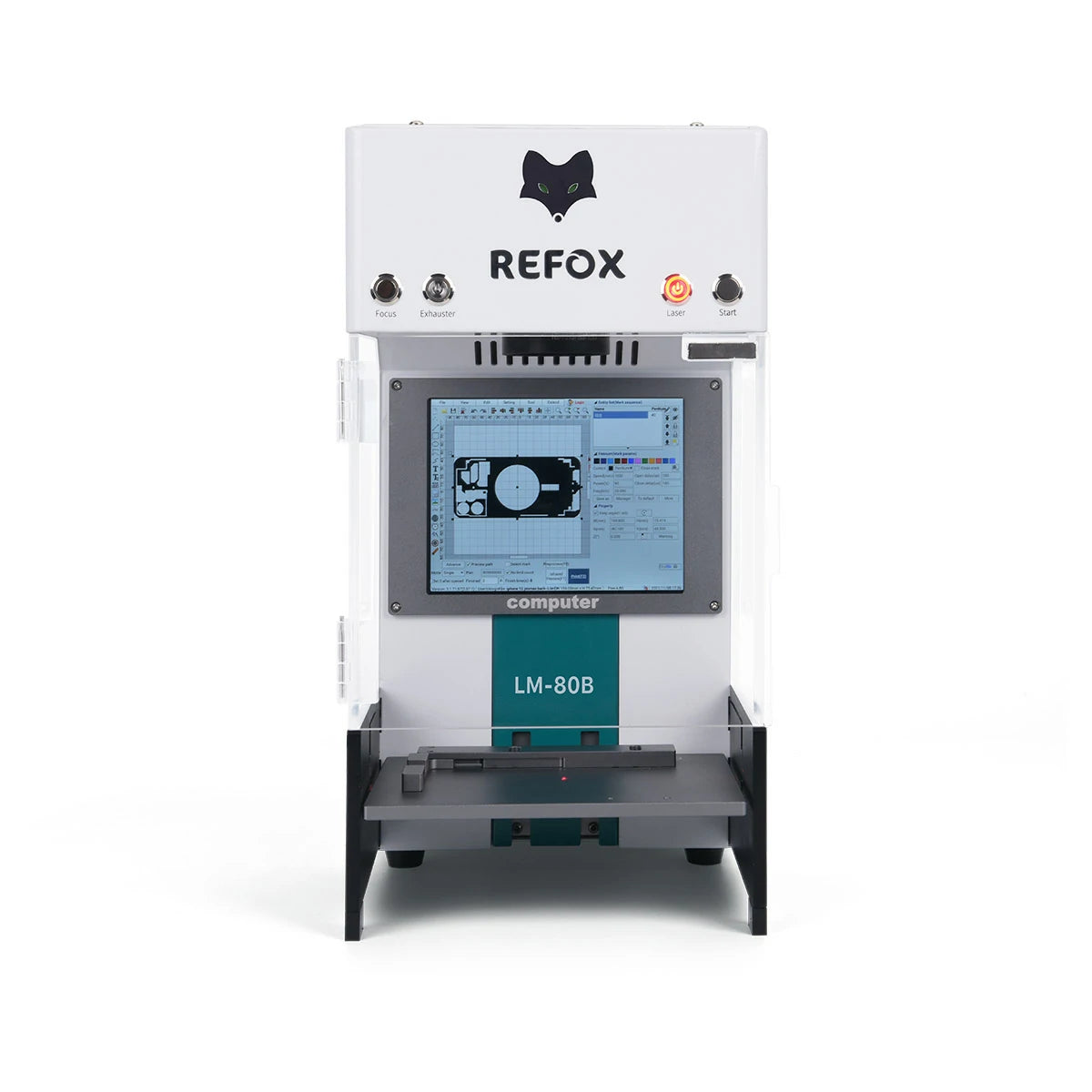 REFOX laser marking machine with a computer screen on a white background