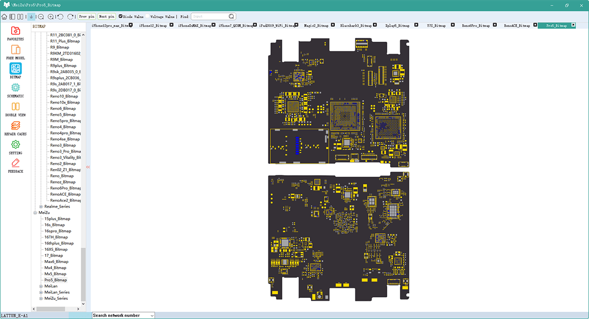 Computer screen displaying refox bitmap interface with electronic circuit board designs.