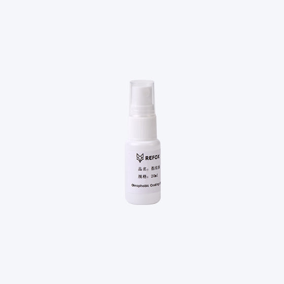 White oleophobic coating bottle with a refox label on a white background