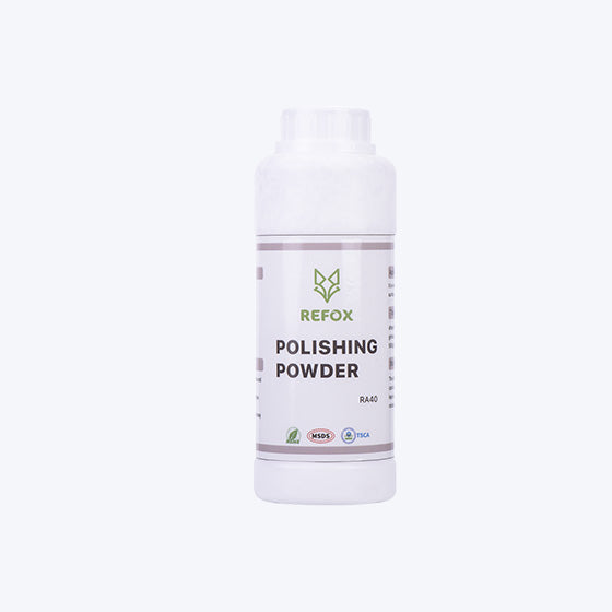 Bottle of REFOX polishing powder on a white background