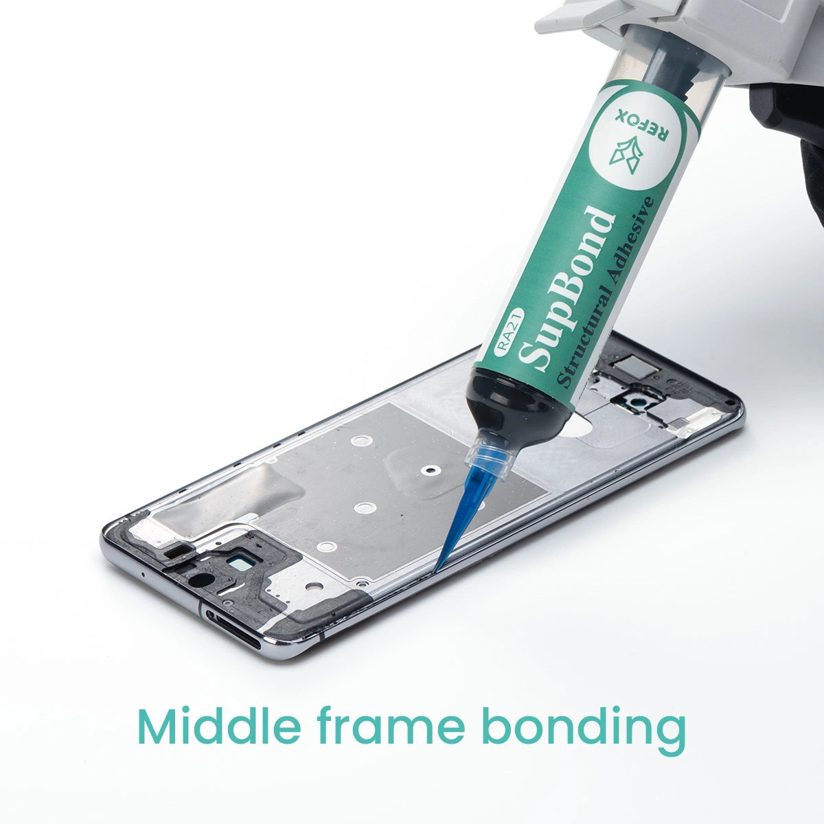 SupBond adhesive being applied to a smartphone frame on a white background