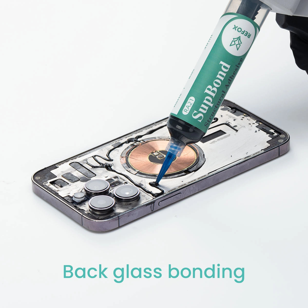 Back glass bonding process with a tool labeled 'SunBond' on a smartphone.