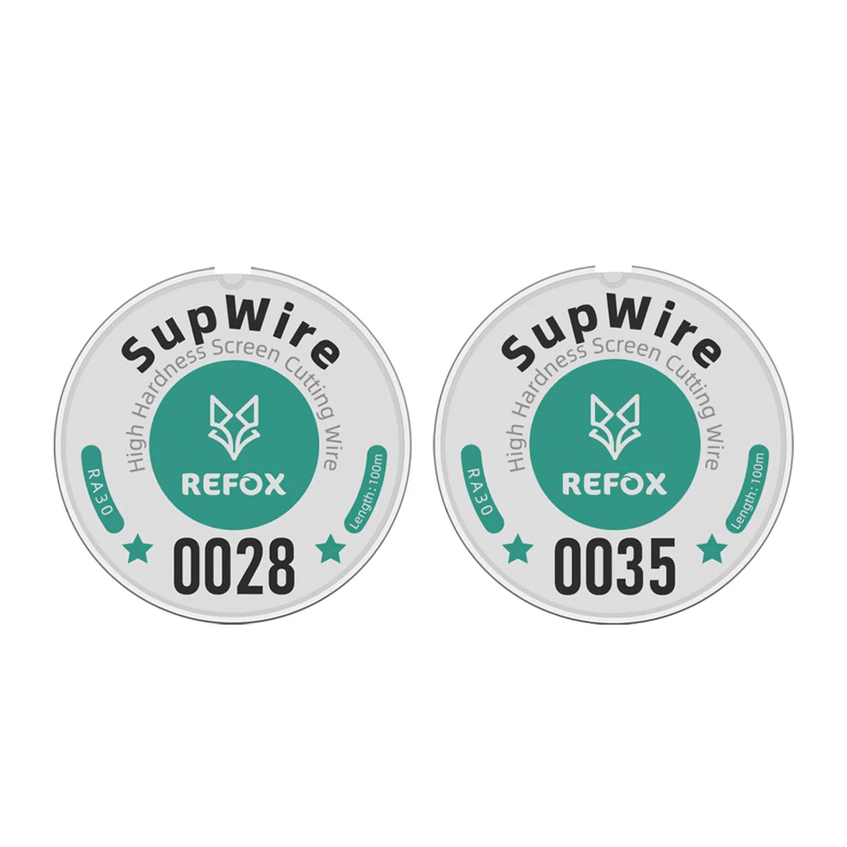 Two circular SupWire REFOX high hardness screen cutting wire spools, labeled 0028 and 0035, on a plain white background.