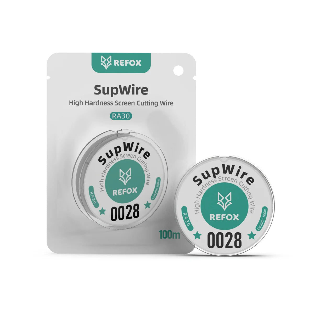 REFOX SupWire high hardness screen cutting wire in a silver spool, shown next to its retail blister packaging on a white background.