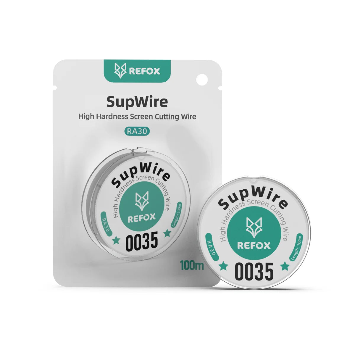 REFOX SupWire high hardness screen cutting wire in a silver spool, shown both inside its retail blister pack and as a loose spool on a white background.