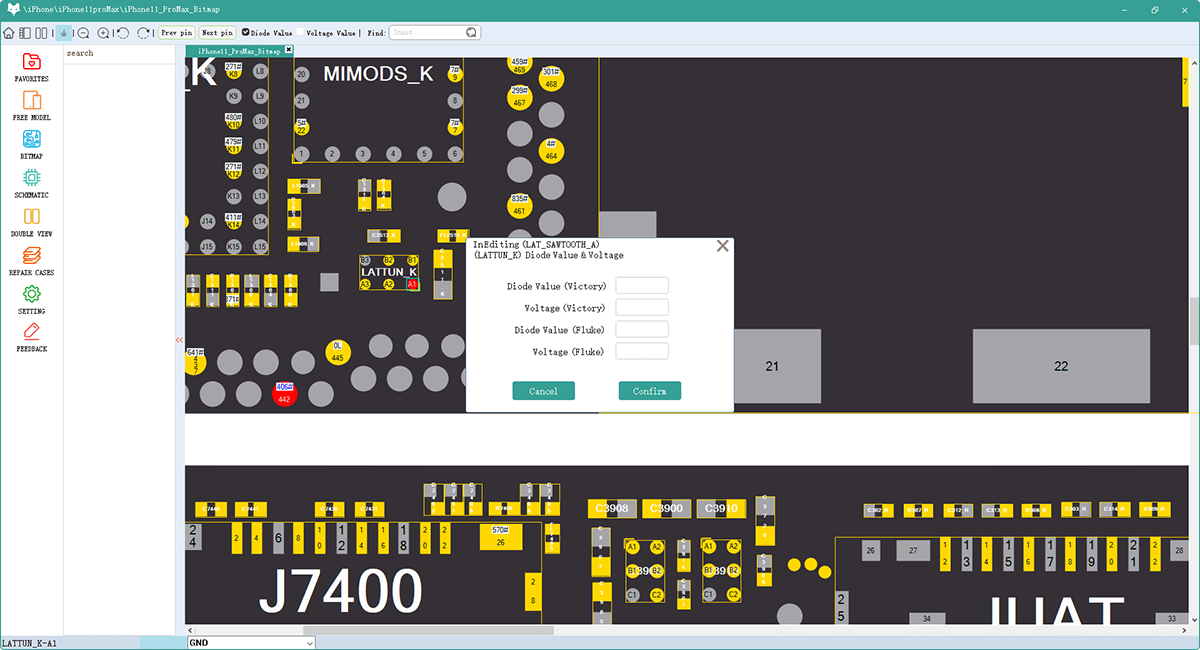 Computer screen displaying refox bitmap resistance diagram interface with various controls and labels
