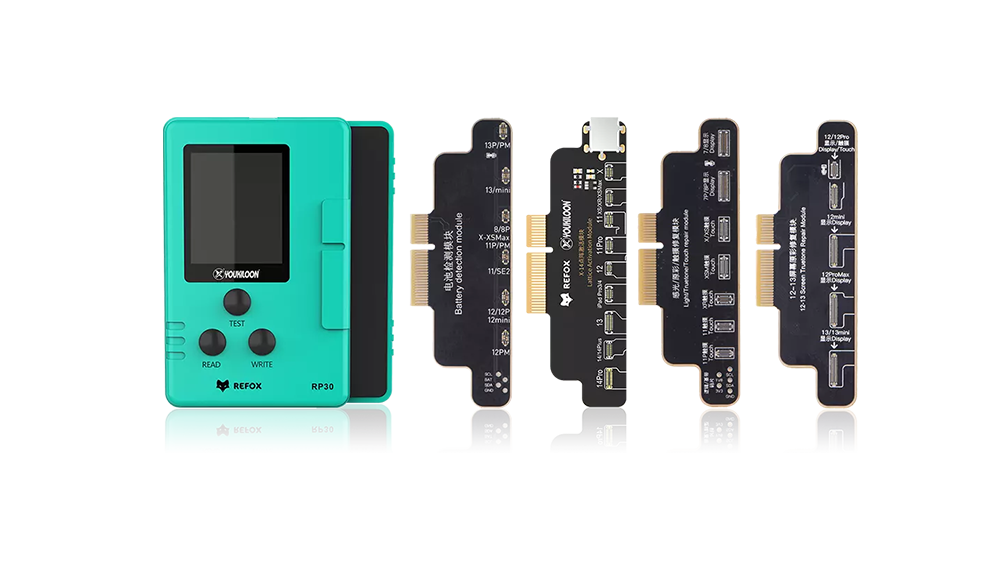refox rp30 iphone repair programmer with black connectors on a transparent background
