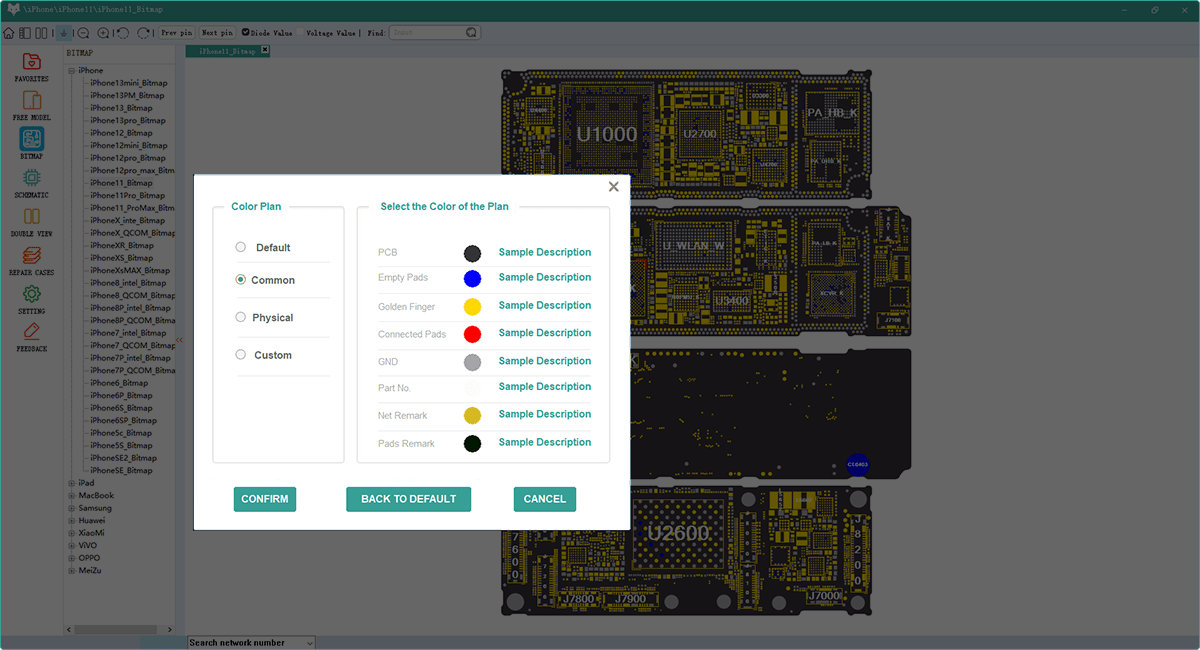 refox bitmap software interface with a color palette selection dialog box on a blurred background of circuit board images.