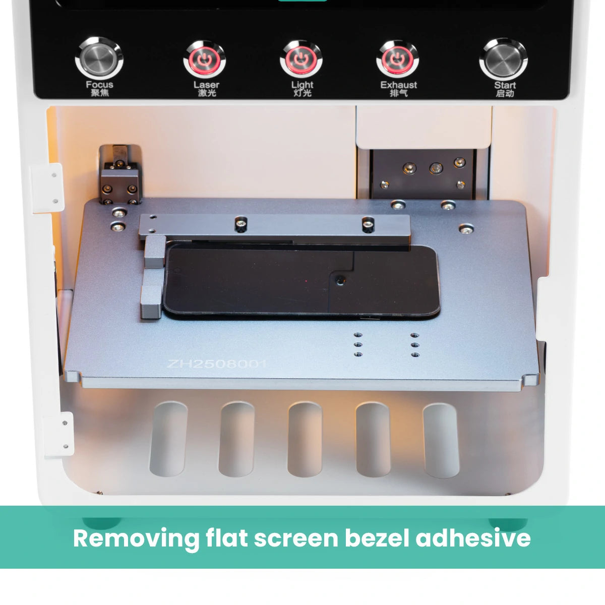 Device for removing flat screen bezel adhesive with labeled buttons on a white background.
