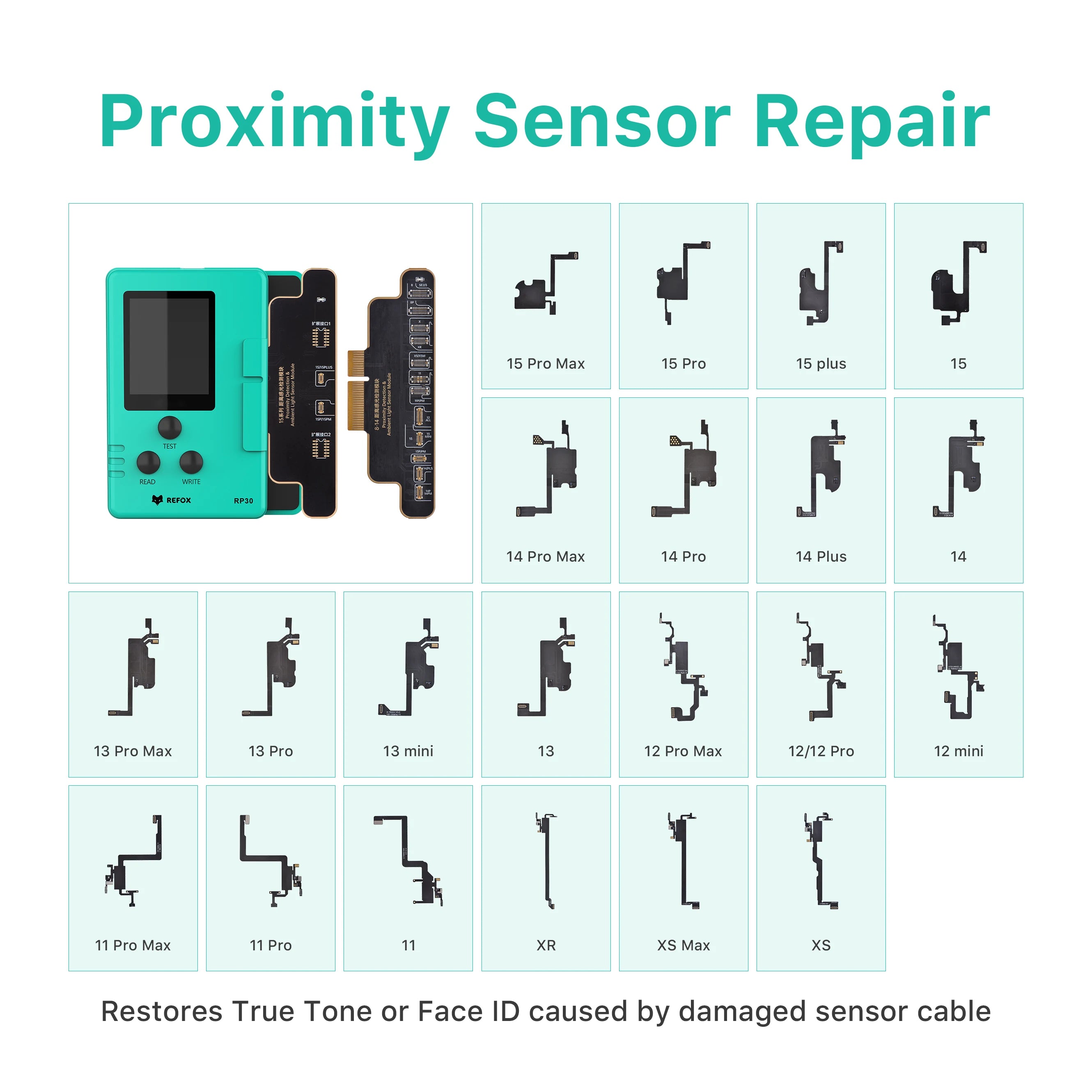 Proximity sensor repair options for various iphone models on a light green background.