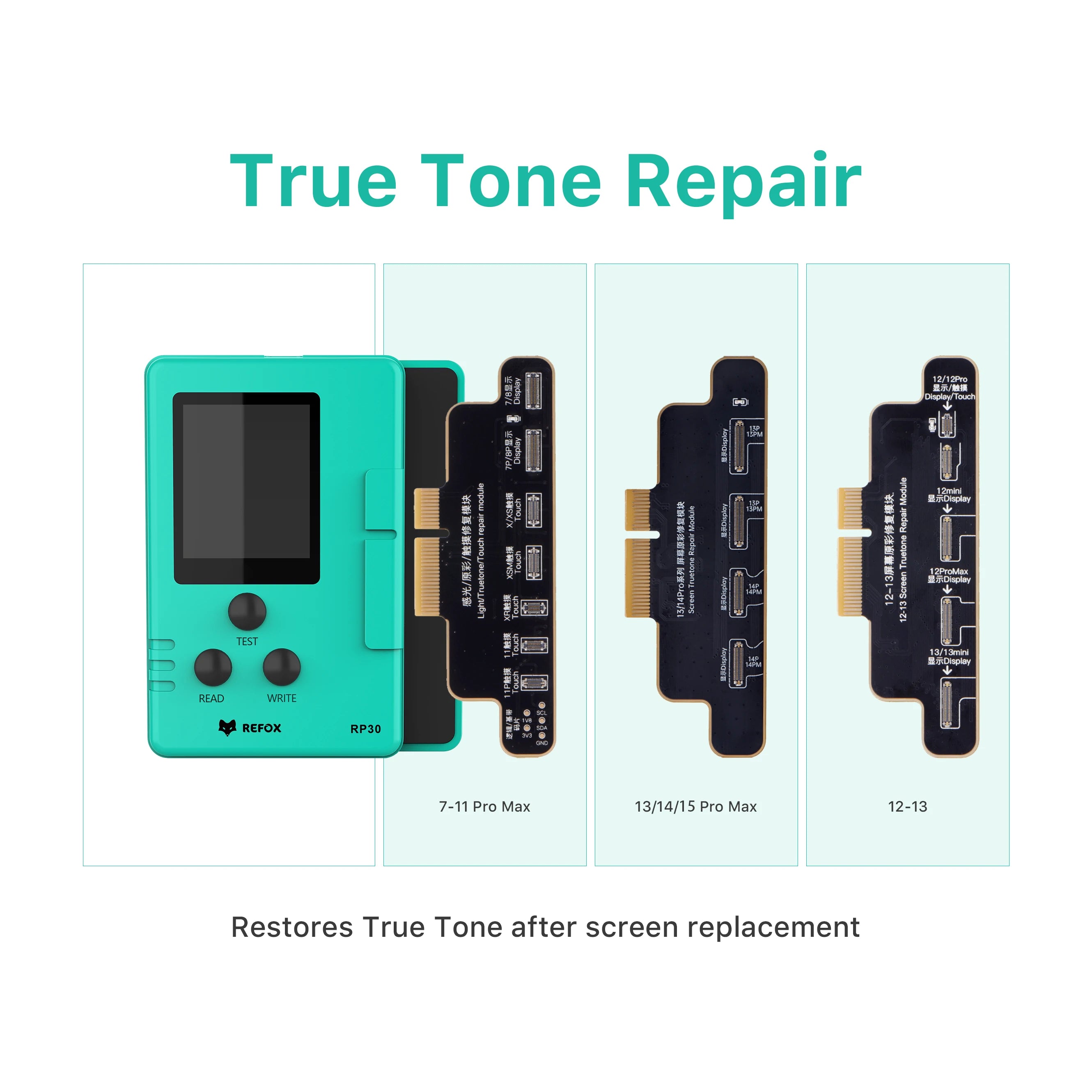 True Tone Repair kit for iphone with components on a light blue background