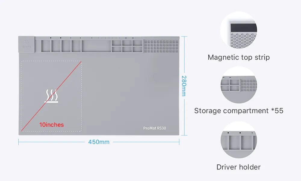 Gray mat with magnetic top strip, storage compartment, and driver holder on a white background