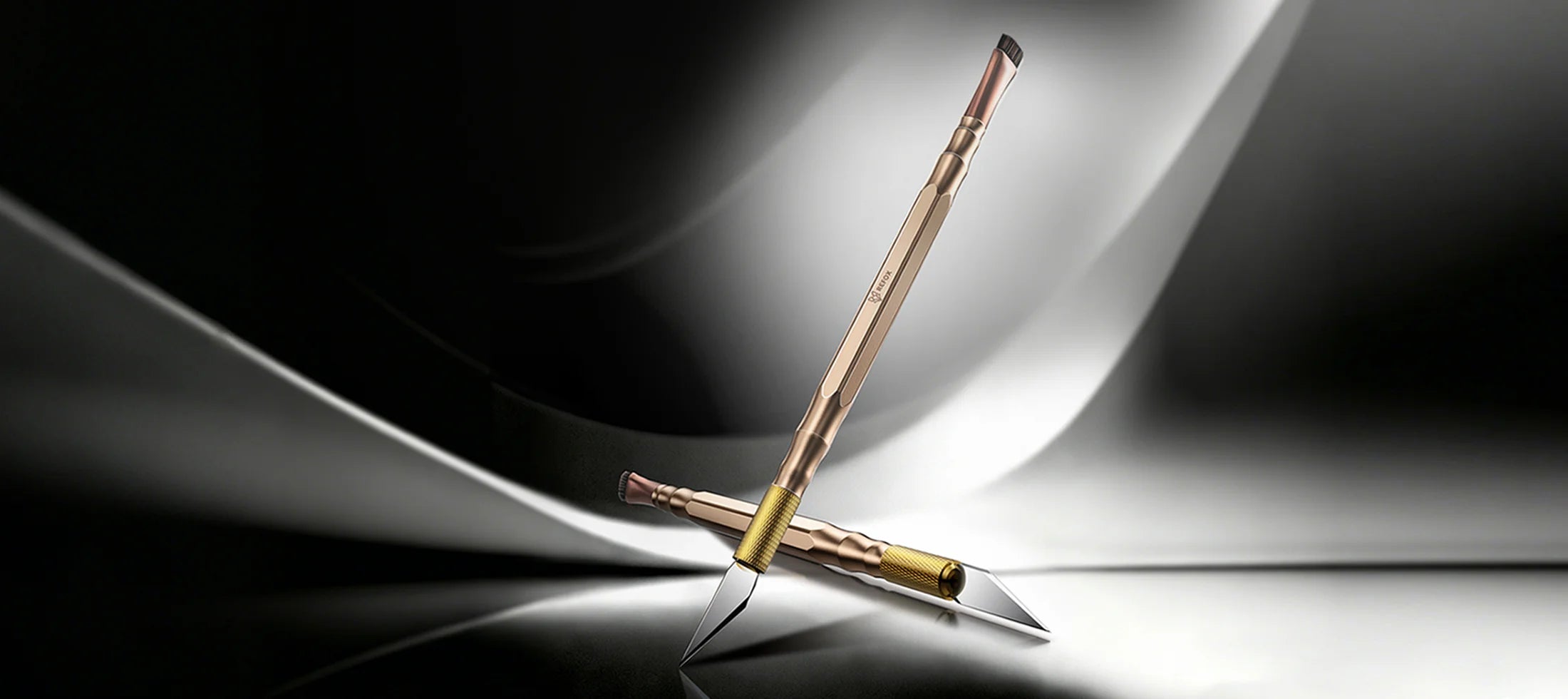 Two rs75 blade with handle on a reflective surface with a dark background