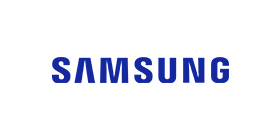 Samsung logo in blue on a white background