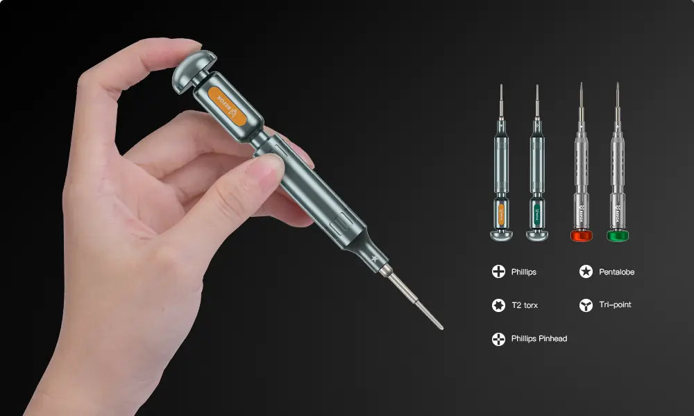 Hand holding a screwdriver with additional screwdriver bits displayed on a black background