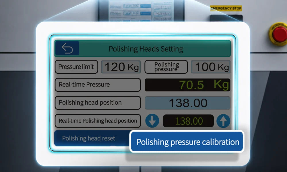 A close-up of an AP25 machine control panel displaying 'Polishing Heads Setting' with pressure and position readings, plus a blue overlay reading 'Polishing pressure calibration'.