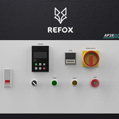 ap38 control panel with various buttons and switches, featuring the REFOX logo.
