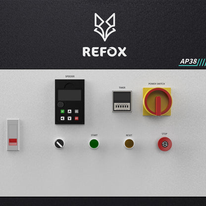 ap38 control panel with various buttons and switches, featuring the REFOX logo.