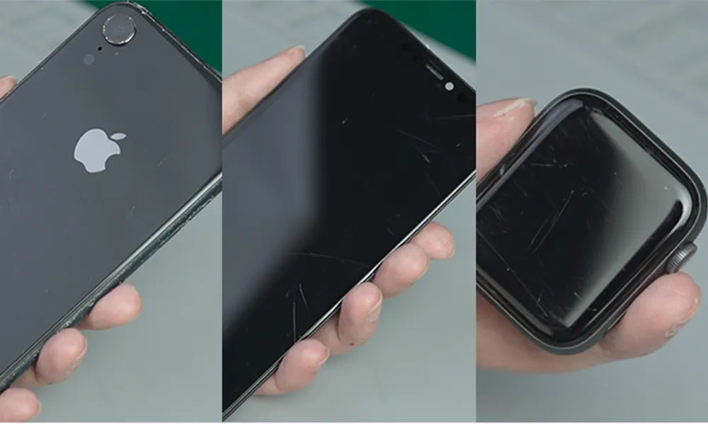 Three views of a damaged  gadgets screen held by a hand.