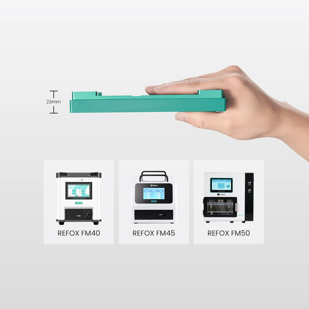 Hand holding a green REFOX alignment mold below FM40, FM45, and FM50 models displayed on a white background.