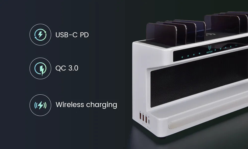 df45 White charging station with USB-C PD, QC 3.0, and wireless charging features