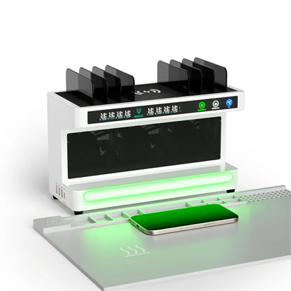 Multi-device charging station with smartphone on a white background