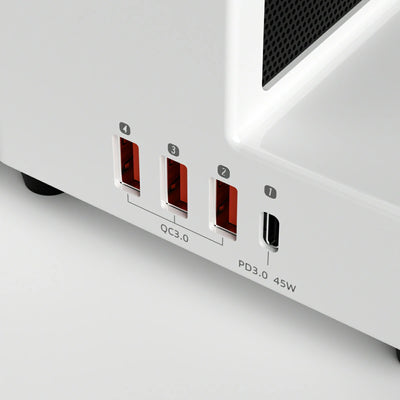Close-up of a refox df45 deskcleaner pro with multiple charging ports on a white background