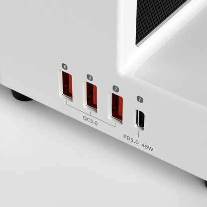 Close-up of a refox df45 deskcleaner pro with multiple charging ports on a white background