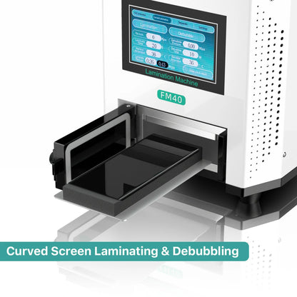 Lamination machine with curved screen for laminating and debubbling, featuring a digital display.