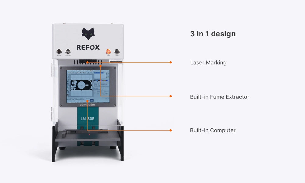REFOX laser marking machine with features highlighted on a white background