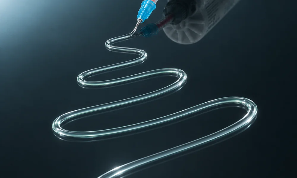 A close-up of a flexible, translucent silicone tube shaped in a serpentine or spiral pattern, with a syringe or injection device visible at the top against a dark background.