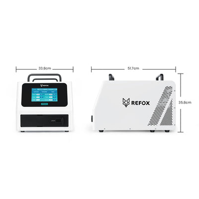 White electronic device with REFOX branding and dimensions displayed on a white background