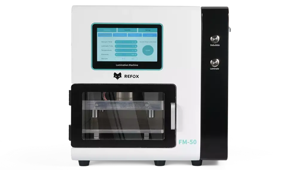 refox fm50 lamination machine with a screen and branding on a white background
