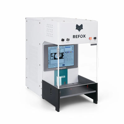 REFOX laser marking machine with a screen on a white background