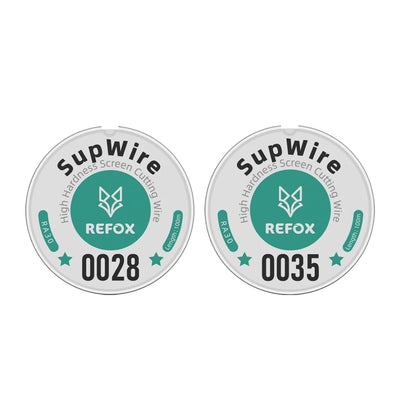 Two circular SupWire REFOX high hardness screen cutting wire spools, labeled 0028 and 0035, on a plain white background.