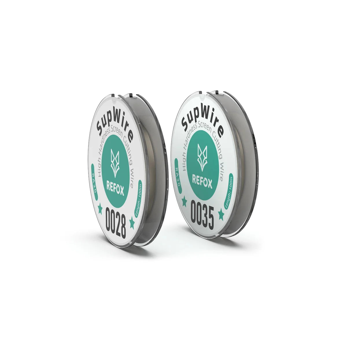 Two spools of SupWire Refox screen cutting wire on a clean white background. 