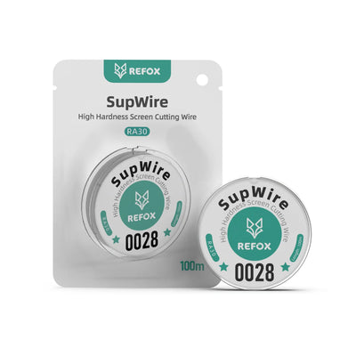 REFOX SupWire high hardness screen cutting wire in a silver spool, shown next to its retail blister packaging on a white background.