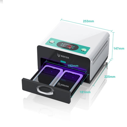 refox rm22 curing machine with dimensions displayed on a white background