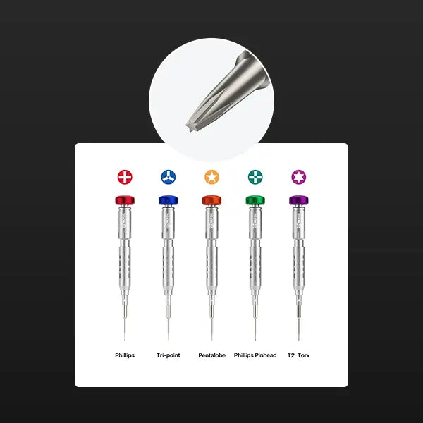 Set of screwdriver bits with color-coded heads on a white background