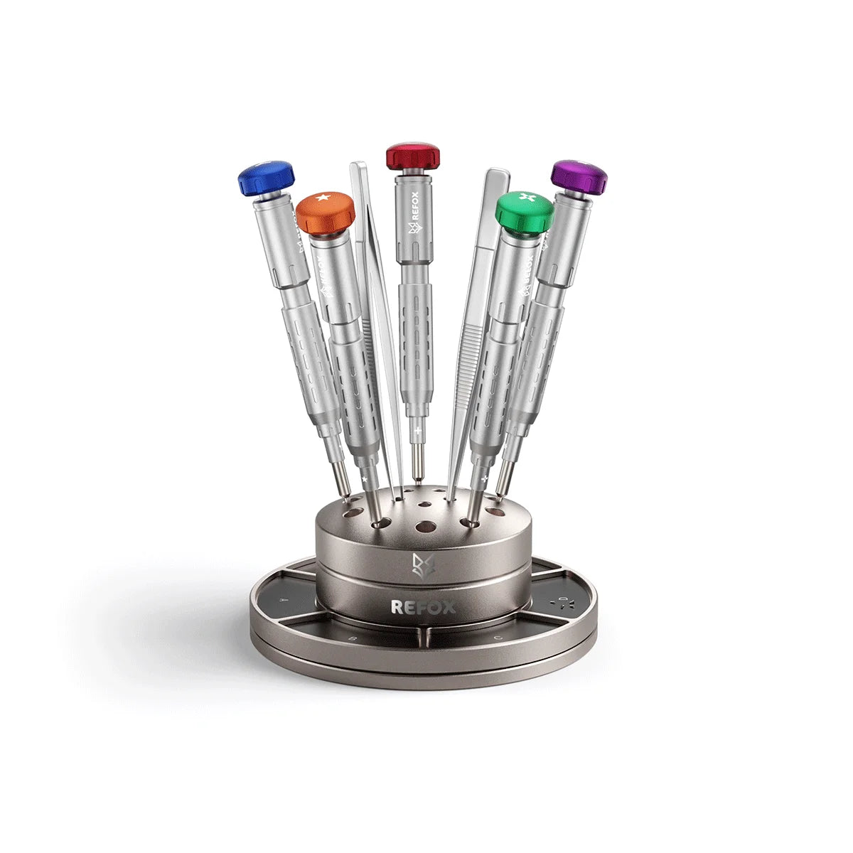 Set of rs3 screwdrivers with colored tips in a metal holder on a white background
